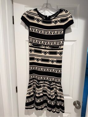 Alice + Olivia Black and Cream Geometric Knit Midi Dress